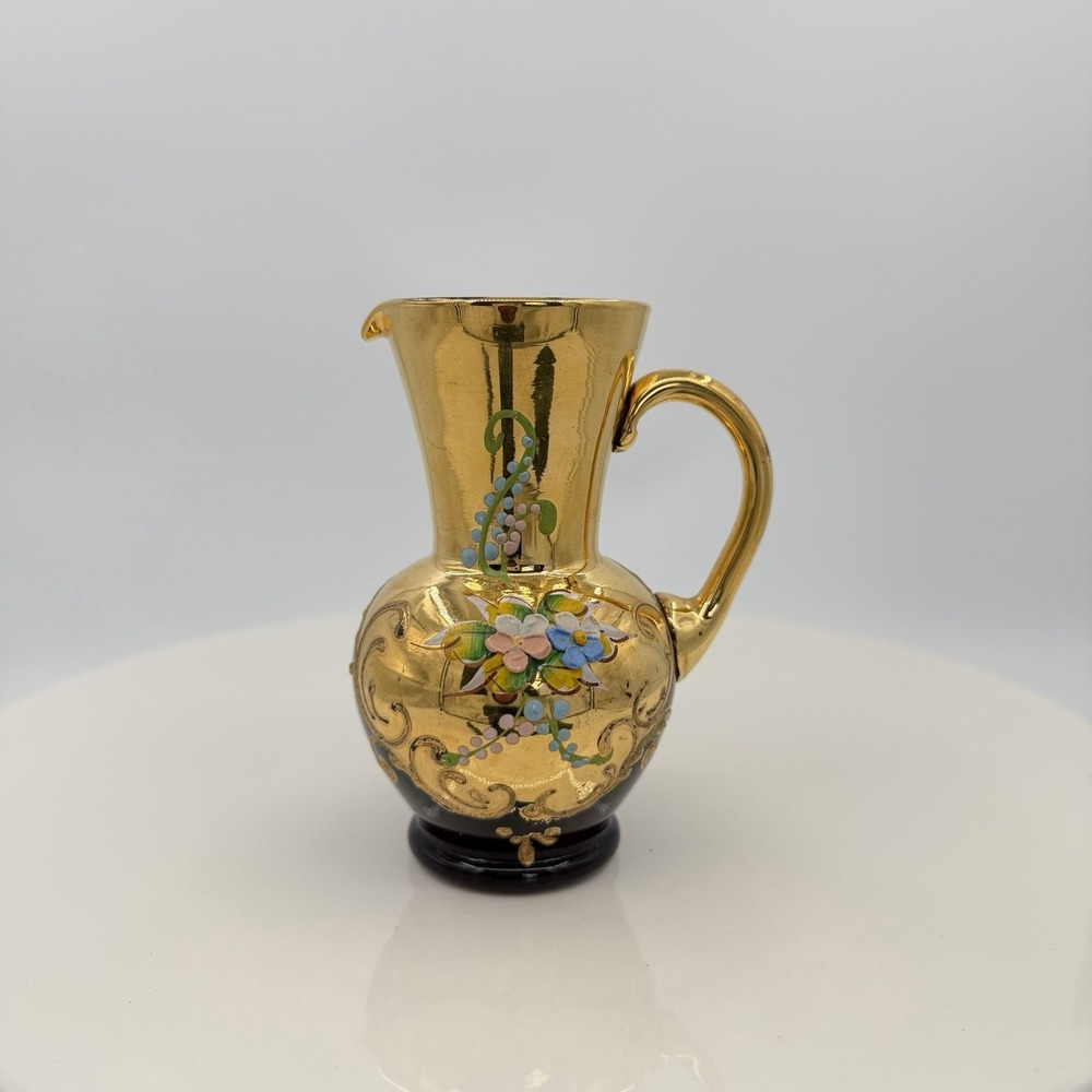 Vintage Murano Tre Fuochi Ruby Red Gold Miniature Pitcher Hand Painted 4"